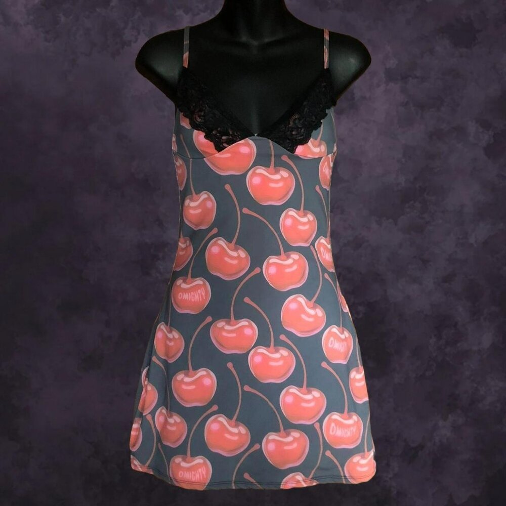 omighty Gray Slip Dress with Pink Cherry Print and Black Lace